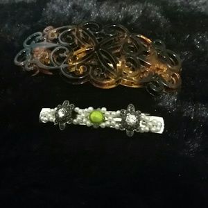 Brown filigree & white and green beaded barrettes